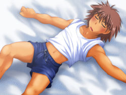 Rule 34 | 1boy, bed sheet, blush, brown hair, bulge, cum, cum on clothes, lying, male focus, navel, on back, open mouth, shirt, shorts, sleeping, solo, t-shirt, thisarmor, underwear