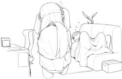 Rule 34 | 1boy, 1girl, blanket, blue archive, box, chair, couch, cropped legs, desk, greyscale, hat, long hair, lying, monochrome, notice lines, on back, plant, rkgk ojisan, santa hat, sleeping, two side up, under covers, yuuka (blue archive), zzz