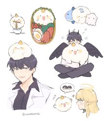 Rule 34 | 1boy, 1girl, :3, banacotta, bento, black hair, black panties, black shirt, black wings, blonde hair, bowl, braid, chopsticks, closed eyes, closed mouth, commentary, creature, creature on head, eating, egg (food), english commentary, feathered wings, food, food art, halo, highres, holding, holding chopsticks, holding creature, horns, indian style, jacket, kim dokja, long sleeves, looking at another, noodles, omniscient reader&#039;s viewpoint, on head, open mouth, panties, shin yoosung, shirt, short hair, simple background, single horn, sitting, spoken character, stuffed animal, stuffed fish, stuffed squid, stuffed toy, tako-san wiener, twitter username, underwear, uriel (omniscient reader&#039;s viewpoint), white background, white jacket, wings, yellow horns
