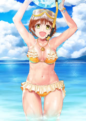 Rule 34 | 10s, 1girl, armpits, arms up, ball, beachball, bikini, breasts, brown eyes, brown hair, cowboy shot, diving mask, diving mask on head, frilled bikini, frills, gluteal fold, goggles, goggles on head, highres, honda mio, idolmaster, idolmaster cinderella girls, jewelry, looking at viewer, medium breasts, navel, necklace, ocean, open mouth, ranpu (kariudo), short hair, smile, snorkel, solo, standing, swimsuit, thigh gap, wet, yellow eyes