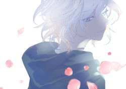 Rule 34 | 1boy, blue eyes, cherry blossoms, closed mouth, commentary request, danganronpa (series), danganronpa 2: goodbye despair, from side, head, highres, hood, hooded jacket, jacket, komaeda nagito, looking at viewer, male focus, petals, simple background, smile, solo, upper body, white background, white hair, wind, yosuga (hridayam)