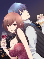Rule 34 | 1boy, 1girl, ahoge, alcohol, back-to-back, black vest, blue hair, breasts, city, city lights, cleavage, closed mouth, collared shirt, commentary request, cup, dress, drinking glass, dutch angle, hair between eyes, highres, holding, holding cup, ice, ice cube, kaito (vocaloid), liquor, long sleeves, looking at viewer, medium breasts, meiko (vocaloid), red dress, shirt, short hair, smile, strapless, strapless dress, striped clothes, striped vest, tomo-graphy, upper body, vest, vocaloid, white shirt, wine, wine glass