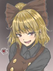 Rule 34 | 1girl, black shirt, blonde hair, blush, bow, breasts, brown background, brown bow, brown dress, buttons, collared shirt, commentary request, dress, eyelashes, fang, gradient background, hair bow, heart, highres, kurodani yamame, large breasts, looking at viewer, open mouth, ponytail, red eyes, shiraniwa rin, shirt, short hair, simple background, slit pupils, smile, solo, spoken heart, touhou, upper body