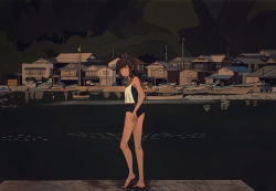 Rule 34 | barefoot, blue one-piece swimsuit, boat, brown hair, closed mouth, commentary request, hair ornament, hairclip, highres, house, i-401 (kancolle), kantai collection, kuragare, looking at viewer, night, night sky, ocean, one-piece swimsuit, orange shirt, ponytail, school swimsuit, shirt, sidelocks, sky, sleeveless, sleeveless shirt, solo, standing, swimsuit, watercraft, white shirt