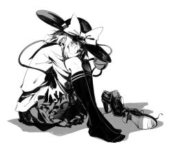 Rule 34 | 1girl, ankle boots, boots, cross-laced footwear, greyscale, hat, hat ribbon, high contrast, high heels, hugging own legs, komeiji koishi, lace-up boots, monochrome, ribbon, ruukii drift, shoe soles, shoes, unworn shoes, short hair, sketch, skirt, solo, third eye, touhou