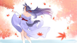 Rule 34 | 1girl, animal ear fluff, animal ears, autumn leaves, bare shoulders, black hair, falling leaves, from behind, highres, hololive, japanese clothes, kimono, leaf, long hair, long sleeves, multicolored hair, obi, off shoulder, ookami mio, pond, red hair, red sash, sash, solo, standing, streaked hair, two-tone hair, virtual youtuber, white kimono, wide sleeves, wolf ears, yamabuki7979, yellow eyes