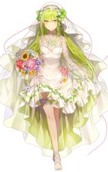 Rule 34 | 1girl, bouquet, breasts, bridal garter, bridal veil, cleavage, closed mouth, clothes lift, dress, dress lift, flower, full body, green hair, hair flower, hair ornament, highres, kim eb, lifting own clothes, long hair, looking at viewer, medium breasts, nail polish, original, plant, see-through, see-through legwear, sidelocks, smile, solo, standing, thighhighs, transparent background, veil, very long hair, vines, wedding dress, white dress, white nails, yellow eyes