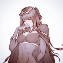Rule 34 | 1girl, blunt bangs, bodystocking, breasts, cape, cleavage, covered navel, female focus, finger to mouth, fire emblem, fire emblem awakening, gradient background, greyscale, hime cut, large breasts, monochrome, nintendo, raikoart, sketch, smile, solo, tharja (fire emblem), tiara, two side up, upper body, white background