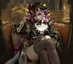 Rule 34 | 1girl, black hat, black jacket, blunt bangs, check copyright, copyright request, cropped jacket, crossed legs, demon horns, hand up, hat, highres, horns, indoors, jacket, jewelry, lips, long hair, looking at viewer, lucaxu1991, necklace, on chair, original, pink hair, pirate hat, ringlets, sitting, solo, thighhighs