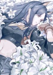 Rule 34 | 1girl, absurdres, animal ears, arknights, black hair, black shirt, brown eyes, brown gloves, chinese commentary, commentary, crop top, dobermann (arknights), dog ears, dog girl, eyelashes, flower, gloves, gou haihaihaihai, highres, holding, holding flower, lily (flower), long hair, long sleeves, looking at object, looking to the side, lying, midriff, navel, on back, parted bangs, parted lips, shirt, sidelocks, solo, upper body, white flower