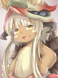 Rule 34 | 1girl, animal ears, blush, ears through headwear, fang, furry, gradient background, helmet, highres, horns, long hair, looking at viewer, made in abyss, nanachi (made in abyss), neko pachi, open mouth, short hair with long locks, smile, upper body, white hair, yellow eyes