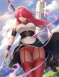 Rule 34 | 1girl, absurdres, apron, axe, bare shoulders, black choker, black dress, breasts, chinese commentary, choker, cloud, commentary request, corset, cross, cross earrings, dress, dual wielding, earrings, from below, garter straps, hair over one eye, highres, holding, holding axe, holding sword, holding weapon, hua-j, jewelry, large breasts, long hair, looking at viewer, maid, maid apron, maid headdress, original, panties, pointy ears, red eyes, red panties, red thighhighs, sky, sleeveless, sleeveless dress, solo, standing, sword, thighhighs, tower, underwear, weapon, white apron, wrist cuffs, yellow eyes