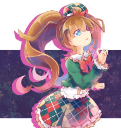Rule 34 | 1girl, argyle, argyle clothes, argyle skirt, blue eyes, bow, bowtie, braid, brown hair, cowboy shot, from side, green shirt, hair over one eye, hat, kiratto pri chan, long hair, long sleeves, looking up, nijinosaki dia, open mouth, pinky out, pretty series, red bow, red bowtie, satsuki suzuran, shirt, sidelocks, solo, twintails, very long hair