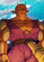 Rule 34 | 2boys, absurdres, antenna hair, artist name, biceps, black gloves, blue sky, cloud, colored skin, commentary, day, dougi, dragon ball, dragon ball super, dragon ball super super hero, english commentary, from below, frown, gamma 2, gloves, highres, hydeover9000, large pectorals, long sleeves, male focus, multiple boys, muscular, muscular male, namekian, no eyebrows, orange piccolo, orange skin, outdoors, pectorals, piccolo, pointy ears, pov, purple sash, red eyes, sash, serious, sky, solo focus, standing, torn clothes, twitter username, watermark
