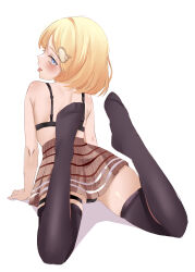 Rule 34 | 1girl, absurdres, black bra, black thighhighs, blonde hair, blue eyes, blush, bra, brown skirt, hair ornament, highres, hololive, hololive english, looking at viewer, sasa ku86, short hair, skirt, smile, solo, thigh strap, thighhighs, tongue, tongue out, underwear, virtual youtuber, watson amelia, white background