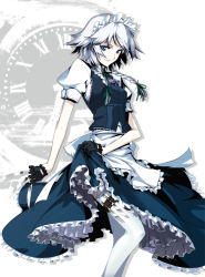 Rule 34 | 1girl, apron, between fingers, black gloves, blue eyes, braid, eyelashes, female focus, gloves, holding, hong (white spider), izayoi sakuya, knife, lace, lace-trimmed legwear, lace trim, looking at viewer, maid, maid apron, maid headdress, roman numeral, short hair, silver hair, smile, solo, thigh strap, thighhighs, throwing knife, touhou, twin braids, waist apron, weapon, white thighhighs