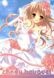 Rule 34 | 1girl, absurdres, bouquet, brown eyes, brown hair, dress, elbow gloves, flower, gloves, highres, jewelry, natsuki coco, necklace, pearl necklace, solo, sun, tiara, veil, wedding dress