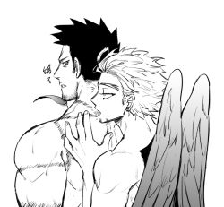 Rule 34 | 2boys, back, boku no hero academia, couple, endeavor (boku no hero academia), facial hair, feathered wings, feathers, from behind, greyscale, hawks (boku no hero academia), helen roro, highres, looking at another, male focus, mature male, monochrome, multiple boys, muscular, muscular male, nude, scar, scar across eye, scar on face, short hair, sideburns, spiked hair, stubble, wings, yaoi