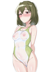 Rule 34 | 1girl, absurdres, arms behind back, blush, breasts, brown hair, commentary request, competition swimsuit, covered navel, echihiro, female pubic hair, highres, idolmaster, idolmaster million live!, medium breasts, nagayoshi subaru, nipples, one-piece swimsuit, pubic hair, red eyes, see-through, see-through swimsuit, short hair, simple background, solo, swimsuit, wet, wet clothes, wet swimsuit, white background