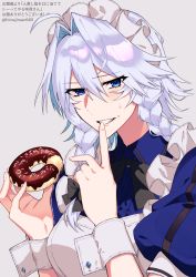 Rule 34 | 1girl, ahoge, apron, black bow, black bowtie, blue eyes, bow, bowtie, braid, chocolate doughnut, doughnut, eyes visible through hair, finger to mouth, food, grey background, hair intakes, highres, himadera, holding, holding food, index finger raised, izayoi sakuya, looking at viewer, maid headdress, puffy short sleeves, puffy sleeves, short sleeves, silver hair, simple background, smile, solo, sprinkles, sweat, touhou, translation request, twin braids, twitter username, wrist cuffs