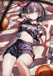 Rule 34 | 1girl, armlet, ball, basketball, basketball (object), basketball uniform, black hair, breasts, closed mouth, commentary request, cowboy shot, day, enj!, from above, grey eyes, hair between eyes, highres, looking at viewer, lying, medium breasts, midriff, navel, on back, original, short hair, solo, sportswear, sunlight, sweat, thighs, upshorts, wiping sweat