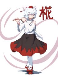 Rule 34 | 1girl, animal ears, bare shoulders, character name, detached sleeves, closed eyes, flute, geta, hat, highres, instrument, inubashiri momiji, nikori, pom pom (clothes), shield, short hair, silver hair, solo, sword, tail, tokin hat, touhou, translation request, weapon, wolf ears, wolf tail