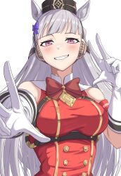 Rule 34 | 1girl, absurdres, animal ears, blunt bangs, blush, bow, bowtie, buttons, double-breasted, double v, dress, gloves, gold ship (umamusume), grey hair, grin, hair bow, highres, horse ears, horse girl, long hair, pillbox hat, purple bow, purple eyes, red bow, red bowtie, simple background, sleeveless, sleeveless dress, smile, solo, take978733141, umamusume, upper body, v, white background, white gloves