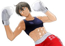 Rule 34 | 1girl, abs, absurdres, arms up, black sports bra, blue eyes, boxing gloves, boxing shorts, breasts, brown hair, collarbone, commentary request, detached sleeves, dutch angle, fighting stance, frown, gloves, hair between eyes, highres, looking at viewer, messy hair, mizuguchi naoki, muscular, muscular female, red shorts, saotome senshu hita kakusu, saotome yae, short hair, shorts, simple background, small breasts, solo, sports bra, tomboy, very short hair, white background, white gloves