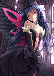 Rule 34 | 10s, 1girl, accel world, arita haruyuki, bare shoulders, black hair, blush, bug, butterfly, butterfly wings, dress, elbow gloves, gloves, highres, insect, insect wings, kuroyukihime, long hair, mukunokino isshiki, red eyes, solo, very long hair, wings