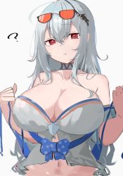 Rule 34 | 1girl, ?, arknights, asususususu, bare shoulders, breasts, choker, cleavage, commentary request, eyewear on head, grey background, grey hair, hair ornament, highres, large breasts, long hair, looking at viewer, navel, no headwear, off-shoulder shirt, off shoulder, red eyes, shirt, short sleeves, simple background, skadi (arknights), skadi (waverider) (arknights), solo, sunglasses, white shirt
