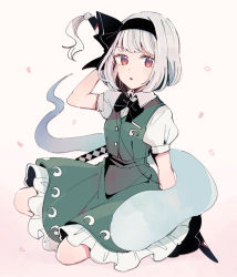 Rule 34 | 1girl, :o, arm at side, arm behind head, arm up, black bow, black bowtie, black hairband, black ribbon, blunt bangs, bow, bowtie, cherry blossoms, collared shirt, from side, full body, green skirt, green vest, hair ribbon, hairband, hitodama, hitodama print, konpaku youmu, konpaku youmu (ghost), looking at viewer, looking to the side, medium skirt, mozukuzu (manukedori), on one knee, parted lips, petals, petticoat, pink background, print skirt, puffy short sleeves, puffy sleeves, red eyes, ribbon, scabbard, sheath, sheathed, shirt, short hair, short sleeves, simple background, skirt, skirt set, solo, tassel, touhou, v-shaped eyebrows, vest, white shirt, wing collar