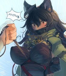 Rule 34 | 1girl, absurdres, animal ears, arms behind back, bdsm, black hair, black shirt, bondage, bound, breast bondage, breasts, cad (caddo), cape, covered erect nipples, erune, gag, gagged, granblue fantasy, highres, ilsa (granblue fantasy), improvised gag, large breasts, long hair, pov, pov hands, pulling, red eyes, second-party source, shibari, shibari over clothes, shirt, signature, sweat, tape, tape gag