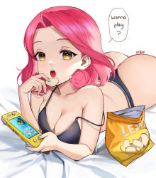 Rule 34 | 1girl, aqua nails, artist name, ass, breasts, chips (food), cleavage, collarbone, curly hair, eden (shiroki yuutsu), english text, flower-shaped hair, food, forehead, hair behind ear, looking at viewer, lying, medium breasts, medium hair, nail polish, on stomach, open mouth, original, parted hair, pink hair, playing games, potato chips, solo, speech bubble, strap slip, thong, underwear, underwear only, yellow eyes