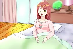 Rule 34 | 1girl, ;), artist name, artist request, bed, bed sheet, blush, bow, bowtie, braid, braided bun, breasts, collarbone, female focus, green eyes, hair bun, holding, indoors, long sleeves, looking at viewer, love live!, love live! nijigasaki high school idol club, on bed, one eye closed, orange hair, parted lips, pillow, pink curtains, pink shirt, red bow, red hair, shirt, short hair, side bun, single side bun, smile, solo, uehara ayumu, upper body, white bow, wink, yellow eyes