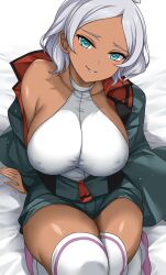 Rule 34 | 1girl, asticassia school uniform, bed sheet, breasts, covered erect nipples, dark-skinned female, dark skin, green jacket, green shorts, grey hair, gundam, gundam suisei no majo, halter leotard, halterneck, highres, jacket, large breasts, leotard, long sleeves, looking at viewer, nirowata, off shoulder, paid reward available, parted bangs, parted lips, partially unzipped, school uniform, secelia dote, short hair, short shorts, shorts, single bare shoulder, smile, solo, thighhighs, white leotard, white thighhighs