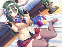 Rule 34 | 1girl, absurdres, asa no ha (awayuki), bed, bed sheet, beige blazer, black thighhighs, blanket, blue eyes, bottle, bow, bowl, bowtie, breasts, closed mouth, collared shirt, curtains, dutch angle, green eyes, green hair, hair ribbon, hairband, heterochromia, highres, holding, holding bottle, indoors, large breasts, leaf, long bangs, long hair, looking at viewer, mole, mole under mouth, non-web source, on floor, original, pillow, plaid, plaid skirt, plaid vest, plant, pleated skirt, potted plant, red skirt, red vest, ribbon, rug, school uniform, shirt, sidelocks, sitting, skirt, smile, solo, striped bow, striped bowtie, striped clothes, striped neckwear, sweater, thighhighs, thighs, uniform, vest, white shirt, wooden floor, zettai ryouiki