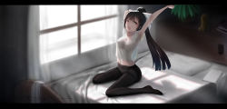 Rule 34 | 1girl, arched back, armpits, arms behind head, arms up, azur lane, backlighting, bed, bed sheet, bedroom, black hair, black pantyhose, blush, bow, breasts, brown eyes, chestnut mouth, cleavage, collarbone, commentary request, copyright name, covered erect nipples, curtains, d;, day, dot nose, full body, hair bow, hair flaps, half-closed eye, high ponytail, highres, indoors, letterboxed, long hair, looking at viewer, medium breasts, navel, no shoes, on bed, one eye closed, open mouth, panties, panties under pantyhose, pantyhose, pillow, ponytail, raised eyebrows, see-through silhouette, shirt, short sleeves, sitting, solo, stomach, stretching, sunlight, t-shirt, takao (azur lane), taut clothes, taut shirt, thighband pantyhose, underwear, very long hair, wariza, white bow, white panties, white shirt, window, yawning, yuritopia