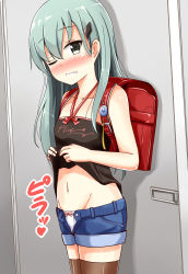 Rule 34 | 1girl, aged down, aikawa ryou, alternate breast size, backpack, bag, blue shorts, blush, brown hair, commentary request, crime prevention buzzer, flat chest, green eyes, green hair, grin, groin, hair between eyes, heart, highres, kantai collection, long hair, one eye closed, panties, randoseru, shorts, smile, solo, suzuya (kancolle), thighhighs, underwear, white panties