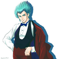 Rule 34 | 1boy, arm behind back, blue bow, blue bowtie, blue eyes, blue hair, bow, bowtie, cosplay, dated, hand on own hip, haran banjou, hgoyan, highres, looking to the side, male focus, muteki koujin daitarn 3, off-shoulder jacket, off shoulder, solo, waiter, white background