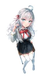 Rule 34 | 1girl, ahoge, alisa mikhailovna kujou, black skirt, black vest, blazer, blue eyes, blush, bow, bowtie, breasts, chair, commentary request, cover, cover image, cover page, eyes visible through hair, from above, full body, grey hair, grey jacket, hair ribbon, hand in own hair, hand rest, hand up, highres, jacket, knees together feet apart, large breasts, long hair, looking at viewer, manga cover, official art, open clothes, open jacket, pleated skirt, red bow, red bowtie, red ribbon, ribbon, school chair, school uniform, shiny skin, shirt, simple background, sitting, skirt, solo, tenacitysaho, textless version, thighhighs, tokidoki bosotto roshia-go de dereru tonari no arya-san, vest, white background, white footwear, white shirt, white thighhighs, zettai ryouiki