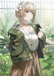 Rule 34 | 1girl, absurdres, alternate costume, blonde hair, blouse, bridge, bush, buttons, collarbone, earrings, fence, flower, foliage, gem, grass, green jacket, grey eyes, hair flower, hair ornament, hand on own chest, hands up, hashimoto kokai, highres, jacket, jewelry, looking away, necklace, original, plant, pond, shaded face, shirt, short hair, solo, standing, star (symbol), star earrings, sunlight
