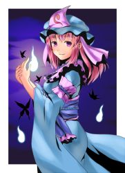 Rule 34 | 1girl, bad id, bad pixiv id, breasts, bug, butterfly, dress, female focus, gradient background, hat, insect, japanese clothes, kimono, long hair, namine0079, outdoors, pink hair, purple eyes, saigyouji yuyuko, sky, smile, solo, touhou