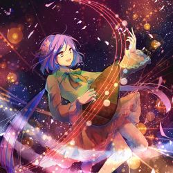 Rule 34 | 1girl, bad id, bad pixiv id, biwa lute, bow, dress, flower, hair flower, hair ornament, instrument, lens flare, light particles, long hair, lute (instrument), open mouth, purple eyes, purple hair, short hair, smile, solo, touhou, towako (10wk0), tsukumo benben, twintails