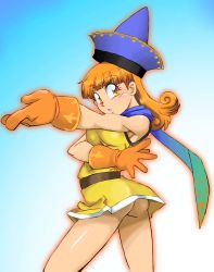 Rule 34 | 1990s (style), 1girl, alena (dq4), ass, breasts, cape, commentary request, curly hair, dragon quest, dragon quest iv, dress, gloves, graphite (medium), hat, long hair, looking at viewer, millipen (medium), no panties, onnaski, open mouth, orange hair, photoshop (medium), retro artstyle, simple background, skirt, solo, traditional media, yellow skirt