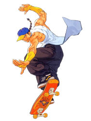 Rule 34 | 1boy, baggy pants, baseball cap, braid, bridal gauntlets, capcom, chinese clothes, hat, male focus, muscular, official art, pants, shoes, single braid, skateboard, sneakers, solo, street fighter, street fighter iii (series), vans, yun lee