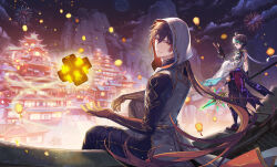 Rule 34 | 2boys, absurdres, aerial fireworks, architecture, black hair, brown hair, building, cityscape, coat, east asian architecture, eyeshadow, fireworks, gem, genshin impact, gold trim, highres, holding, holding mask, holding polearm, holding weapon, hood, lantern, lino chang, long hair, long sleeves, looking back, low-tied long hair, makeup, mask, unworn mask, multicolored hair, multiple boys, night, outdoors, paper lantern, polearm, primordial jade winged-spear (genshin impact), shirt, sitting, smile, standing, streaked hair, very long hair, weapon, white coat, white shirt, wide sleeves, xiao (genshin impact), yellow eyes, zhongli (archon) (genshin impact), zhongli (genshin impact)