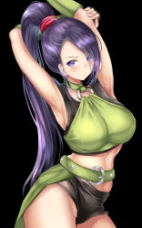 Rule 34 | 1girl, armpits, arms behind head, arms up, bad id, bad nicoseiga id, bare shoulders, breasts, commentary request, dragon quest, dragon quest xi, highres, large breasts, long hair, looking at viewer, martina (dq11), ponytail, ponytail korosuke, purple eyes, purple hair, solo, very long hair