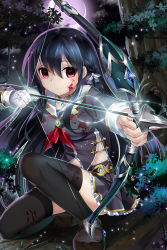 Rule 34 | 1girl, arrow (projectile), bad id, bad pixiv id, black hair, black thighhighs, blood, blood on clothes, blood on face, bow (weapon), braid, character request, copyright request, empty eyes, forest, frown, full body, glowing, glowing weapon, hair ribbon, in tree, jewelry, long hair, long sleeves, looking at viewer, moon, mvv, nature, necklace, night, on one knee, red eyes, ribbon, shirt, shoes, side braid, side slit, sitting, sitting in tree, skirt, solo, thighhighs, tree, very long hair, weapon