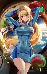 Rule 34 | 1girl, adapted costume, arms behind head, arms up, blonde hair, blue dress, blue eyes, blush, bodysuit, breasts, commentary, covered navel, dress, floating hair, foxyreine, gun, unworn headwear, helmet, unworn helmet, highres, indoors, large breasts, long hair, long sleeves, looking at viewer, metroid, metroid (creature), mole, mole under mouth, nintendo, parted lips, patreon logo, patreon username, ponytail, samus aran, signature, skin tight, solo, space, thighs, v-shaped eyebrows, weapon, window