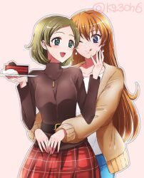 Rule 34 | 2girls, ;q, aged up, belt, black belt, black shirt, blue eyes, blue pants, brown cardigan, brown hair, cake, cardigan, chocolate cake, closed eyes, commentary request, earrings, food, green eyes, grey outline, hand on another&#039;s face, highres, holding, holding plate, houjou hibiki, hug, hug from behind, jewelry, kagami chihiro, long hair, long sleeves, looking at another, looking back, minamino kanade, multiple girls, necklace, one eye closed, open cardigan, open clothes, open mouth, orange hair, outline, pants, pink background, plaid, plaid skirt, plate, pleated skirt, precure, red skirt, shirt, short hair, skirt, smile, standing, stud earrings, suite precure, tongue, tongue out, turtleneck, twitter username, white outline, white shirt